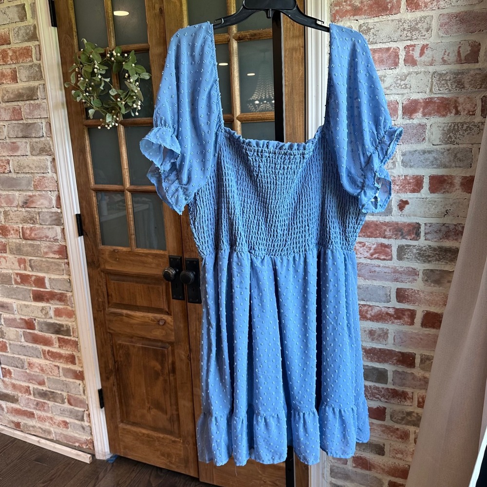 Lily Rose Dress Women 3X Blue Swiss Dot Smocked Puff Sleeve Ruffle Hem Mini Boho - Picture 2 of 10